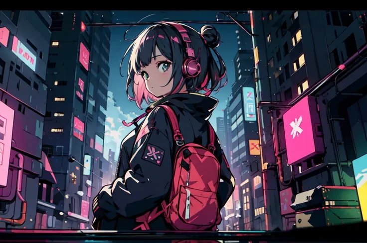 Ultra wide angle, (from behind), Girl listening to music with headphones on bed, anime girl, Girl listening to music in a cozy room (night), Using headphones, on the roof, (beautiful night views from windows), Lots of things, 2D anime style, The aesthetics...