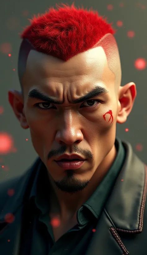 A handsome Chinese gangster man,Parted Lips, Best Quality, Abstractionism, Buzz Cut, Red Hair, Anger Vein, Multiple Views, Sparkle, C4D, 