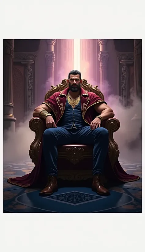 A regal 35-year-old man with a piercing brown eyes, and a short, olive skin with a light brown, dark beard sits comfortably on a ornate, fantacy throne, adorned with intricate carvings of mythical creatures. The palace background is shrouded in a mystical ...