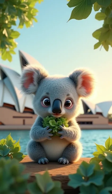 Cute baby koala, eat some Eucalyptus leaves, background sidney opera