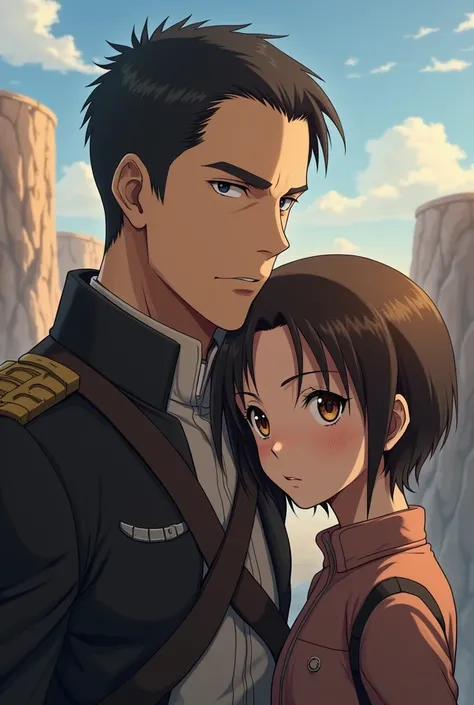 Create Levi Ackerman from Attack on Titan  (That this serious)  as the partner of an adorable girl with short hair and brown,brown eyes and white skin both from the Legion of Exploration but that Levi looks just like in the anime