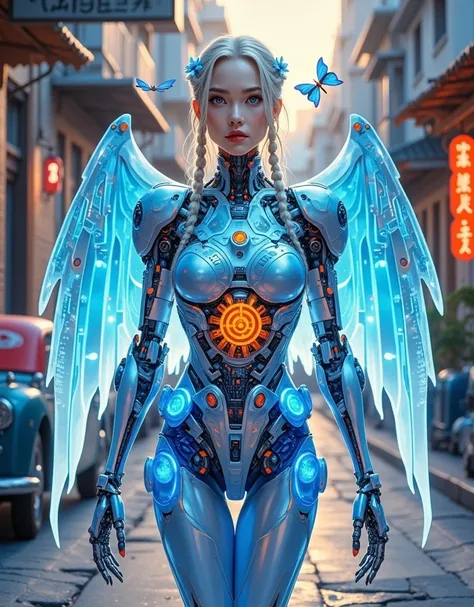  realistic real life Portrait ， a walking mecha woman ， wearing a crystal clear mecha suit ，Hyper-Reality，Early twenties， glowing armor plate ， blue cyberpunk glowing dress ， perfect chin line transparent translucent glowing wings spread high and high，Open...