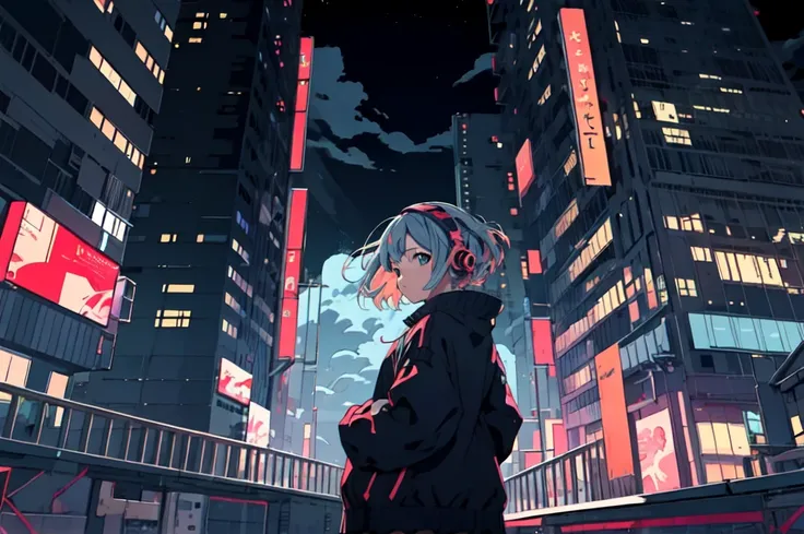 Ultra wide angle, (from behind), Girl listening to music with headphones on bed, anime girl, Girl listening to music in a cozy room (night), Using headphones, on the roof, (beautiful night views from windows), Lots of things, 2D anime style, The aesthetics...