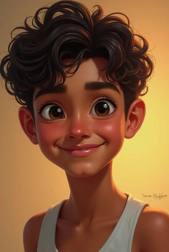 A handsome Cuban boy, detailed portrait, dark skin, beautiful eyes, full lips, curly hair, charming smile, relaxed pose, warm lighting, vibrant colors, high quality, digital art, realistic style