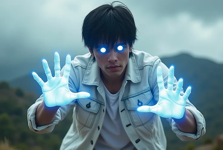 An illuminated latin man with straight short curtains black hair with white luminous bright eyes wearing white denim jacket and white shirt snapping fingers, light power hands, on top of a hill