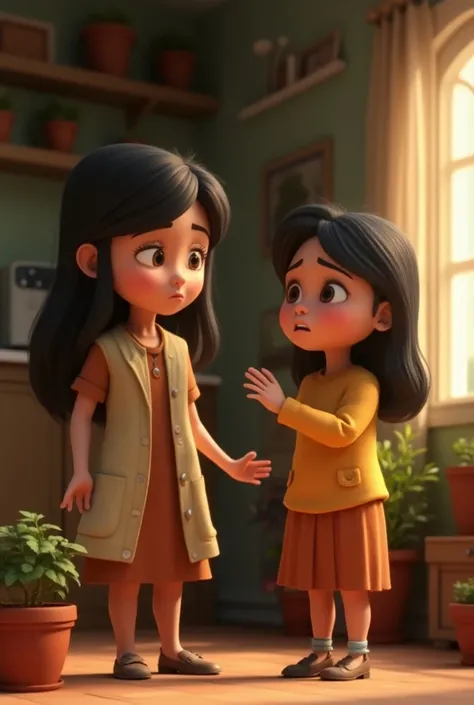  3D video animation image 

Riya, looking confused and sad, stands near her mother in their cozy, simple home. Her mother is gently explaining, pointing toward a flower pot, as Riya listens carefully