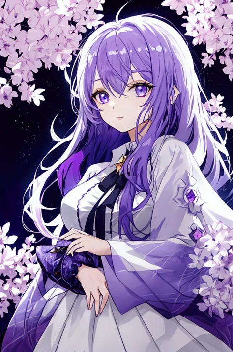 Female + purple hair + purple eyes + star eyes + white and purple dress