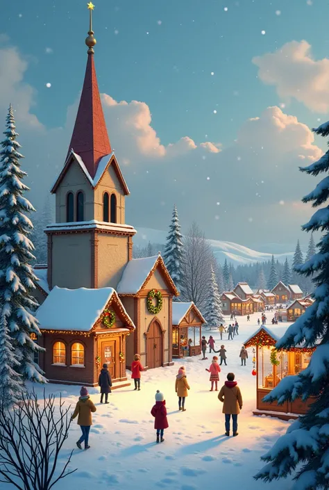 Christmas landscape 　church　 its snowing、people々A special festival for 　