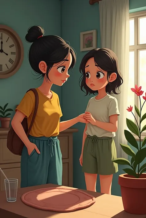 Riya, looking confused and sad, stands near her mother in their cozy, simple home. Her mother is gently explaining, pointing toward a flower pot, as Riya listens carefully  