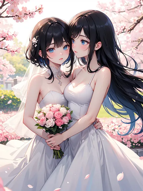    Black Long Straight Hair,    Wedding Dress， white dress,   blue eyes，  Holding flowers  , healthy skin, Outdoor scenery, Cherry Blossoms Flying,  Bright natural light    ,    The sun shines in from the top left,  A warm and gentle atmosphere , Side Angl...