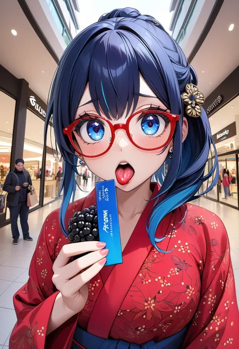 (best masterpiece, high resolution: 1.5), (8K, RAW photo, fisheye effect, perfect anatomy, golden ratio: 1.3), pointillism, professional photography, gaze, lone Japanese idol, (real: 0.5 ), (eating blackberries: 1.5), (black diamond pattern, red yukata: 1....