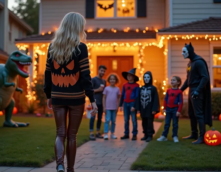 44 year old woman long wavy blonde hair halloween sweater shiny brown leather leggings grey shoes wearing rings and a bacelet handing out candy to the trick or treaters at her front of her house. Halloween lights and decorations up all over the front lawn ...