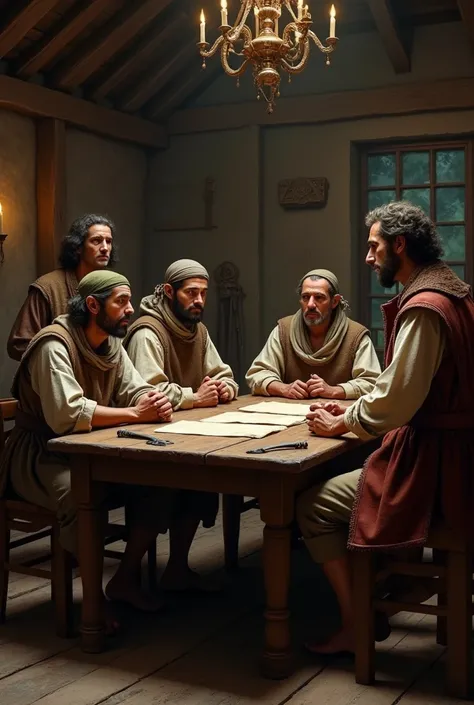 5 Peasants and 2 leaders meeting at a table talking. colonial era