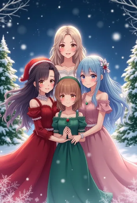 Anime Beautiful Girl Triplets Sisters and Mother Christmas