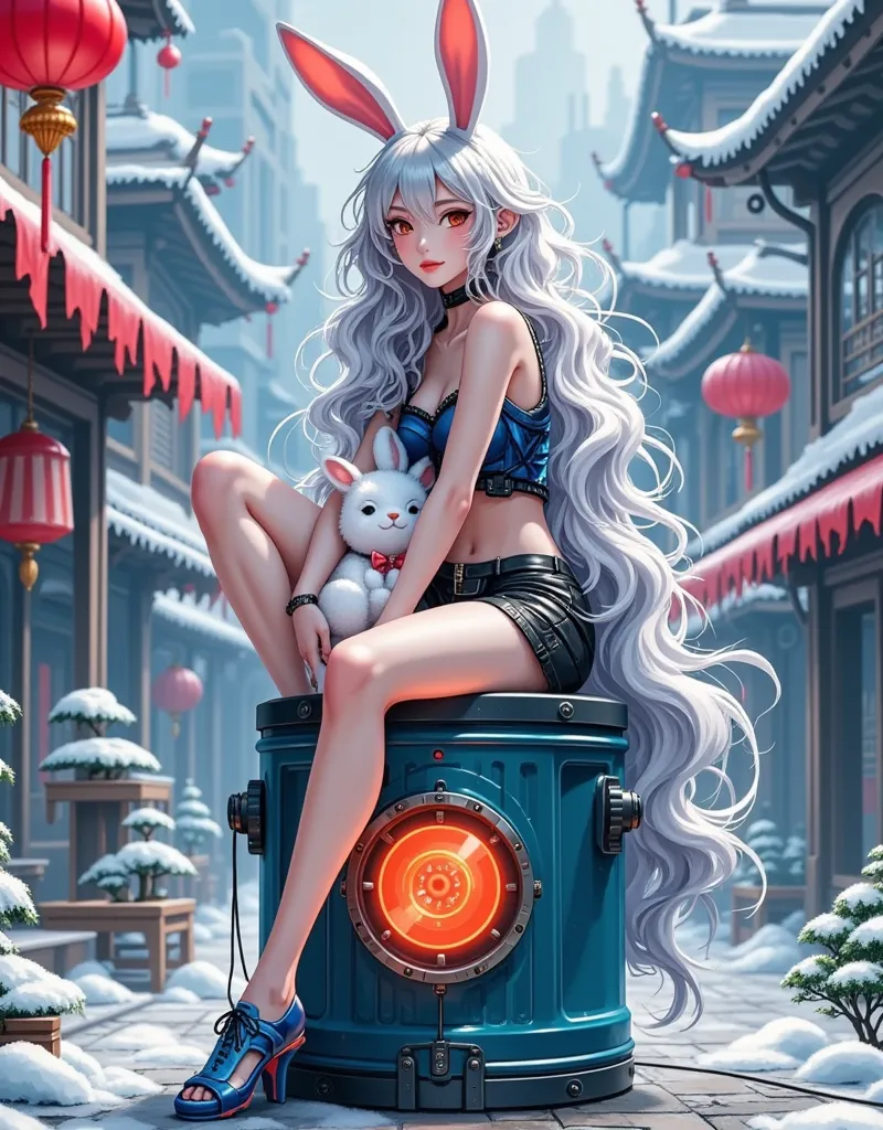 ultra realistic photography， a long-haired woman sits on a tech charging bucket 。 her hair is silvery white ，curly and fluffy ， ...