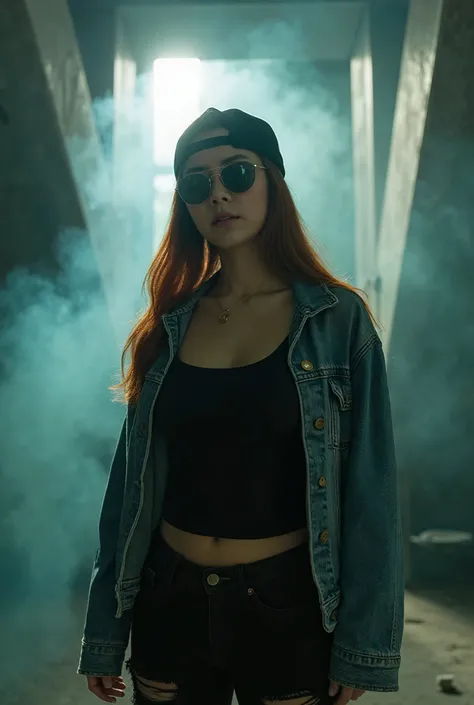 A portrait of a Thai woman with an intense expression, wearing a black backwards cap and sunglasses. She is dressed in a denim jacket over a black wide-neck shirt, paired with black jeans that are ripped just above the knees. Standing in abandoned skyscrap...