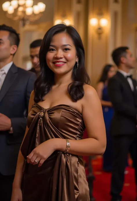 Athletic beautiful early 40s filippino woman wearing sleeveless dress at formal event. thick upper arms. Smiling. Photograph