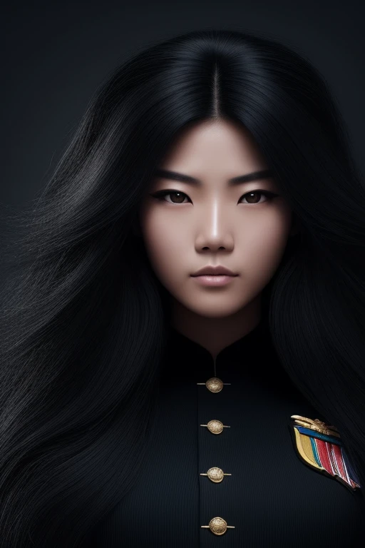 jet black hair,most very long hair,most very lion hair,most very wolf hair,most very frizzy hair,coarse hair,most very spread hairstyle,thick hair,fluffy hair,most very heavy weight hair,most very voluminous hair,shiny jet black hair,female army officer,bl...