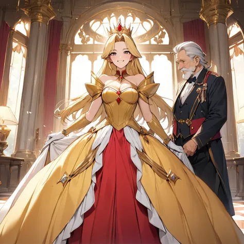 the woman who is the queen of the kingdom is a beautiful blonde fate testarossa, wears a gorgeous queen's dress, pledges absolut...