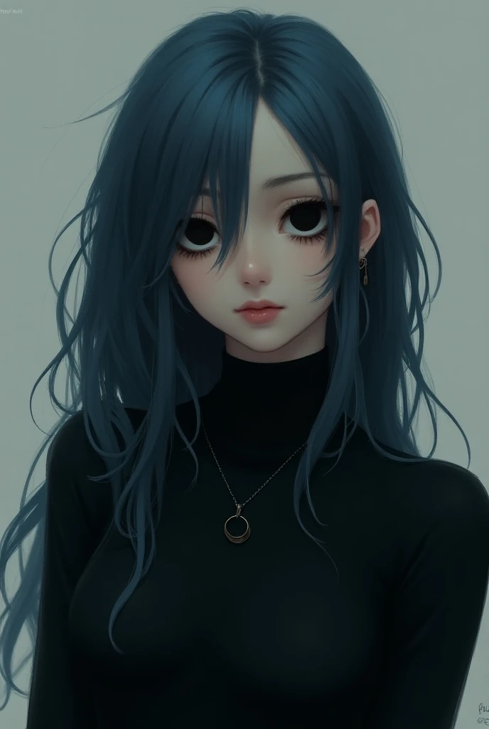 Beautiful girl with long steel blue hair,  straight with wavy locks ,  black eyes with a pupil moon , a black necklace tied ,  with black clothes close to her body with long sleeves 