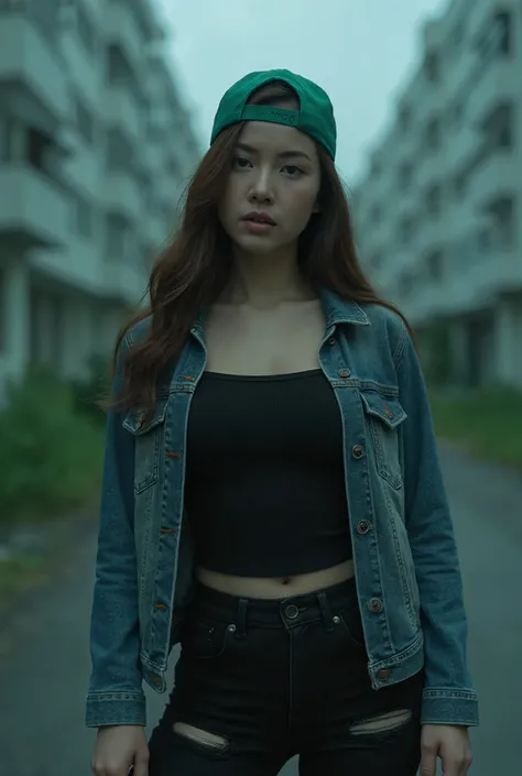 A portrait of a Thai woman with an intense expression, wearing a green backwards cap. She is dressed in a denim jacket over a black wide-neck shirt, paired with black jeans that are ripped just above the knees. The image has a cinematic, muted color palett...