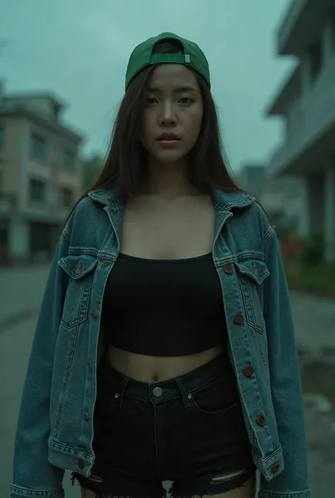 A portrait of a Thai woman with an intense expression, wearing a green backwards cap. She is dressed in a denim jacket over a black wide-neck shirt, paired with black jeans that are ripped just above the knees. The image has a cinematic, muted color palett...