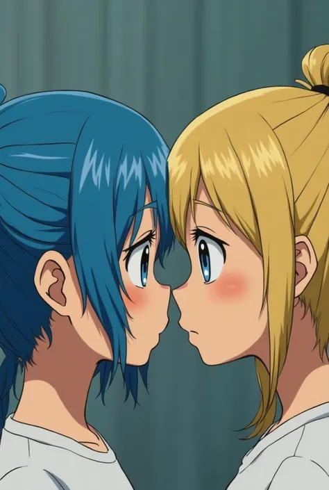  A blue-haired girl with her hair tied in a ponytail and is in four faces down .  While a blonde girl with a big cock is ramming her cock into the blue movie in the position in four, She has only a white t-shirt .