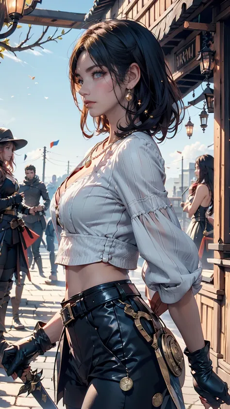 (masterpiece, Best Quality:1.1), Thief (dq3),  1 girl, Alone,  short hair, Gray Hair,  blue eyes,  medium chest, Pink gloves,  jewellery, Pearl necklace,  earrings for a woman alone, belt, sword, yellow breastplate,  black bodysuit , bag, (coin, sword on h...