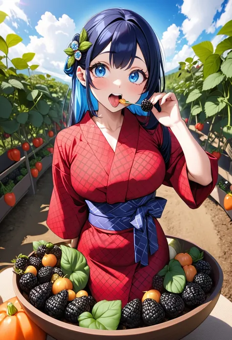 (best masterpiece, high resolution: 1.5), (8K, RAW photo, fisheye effect, perfect anatomy, golden ratio: 1.3), pointillism, professional photography, gaze, lone Japanese idol, (real: 0.5 ), (Eating blackberries: 1.5), (Diamond pattern, red yukata: 1.5), (S...