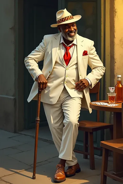 "Create an artistic illustration of Zé Pilintra, a traditional figure from Umbanda and Afro-Brazilian spiritual culture. Depict him as a charismatic, well-dressed man with a distinctly Brazilian style. He wears a white suit with a red tie, white hat tilted...