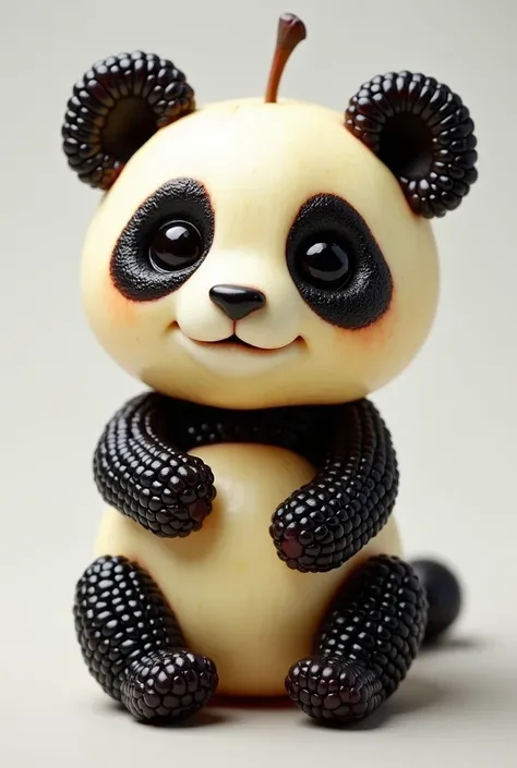  Create an image of a cute and abstract panda made entirely of fruit.  The body and style must be the same as the attached image .  The body modeled on pieces of white apple and blackberry . The jabuticaba eyes .  It must demonstrate realism and depth ,  i...