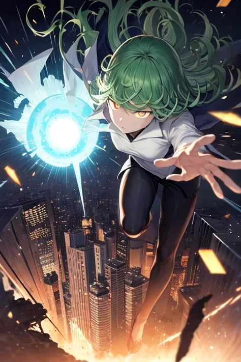 ((best quality)), ((masterpiece)), (detailed), tatsumaki, moving debris with his powers, floating, glowing eyes, destroyed city background