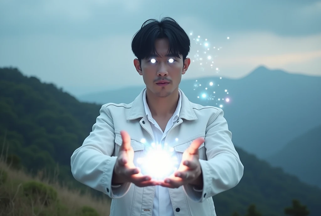 An illuminated latin man with straight short curtains black hair with luminous bright white eyes wearing white denim jacket and white shirt snapping fingers, light white power hands, on top of a hill