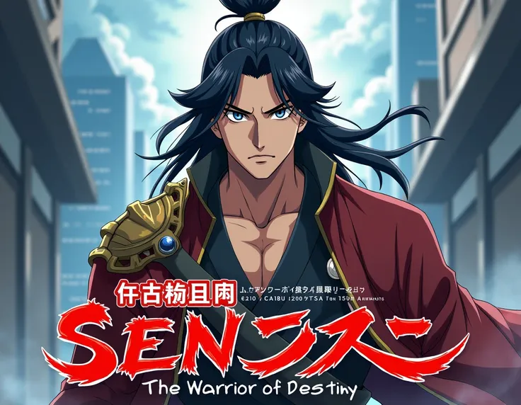  A cover for my new anime , In which a warrior from the year 1290 D appears in the middle.C.,a 29-year-old man , with full black hair and blue eyes, strong, muscular build showing part of your chest,  tanned skin,  appears in the middle under the figure sh...