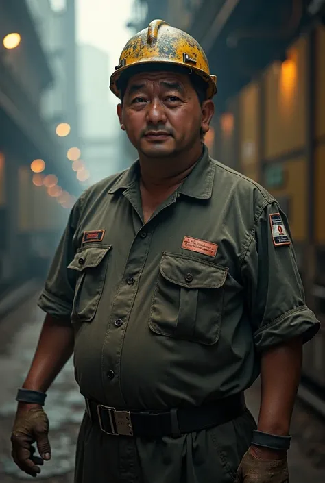 Portrait of Indonesian gentleman, 45 years old, bery fat, standing, thumbnail up, factory uniform, safety helmet, black mask. Beautiful dark skin. mega factory as the background. Very low key. Backlight. 