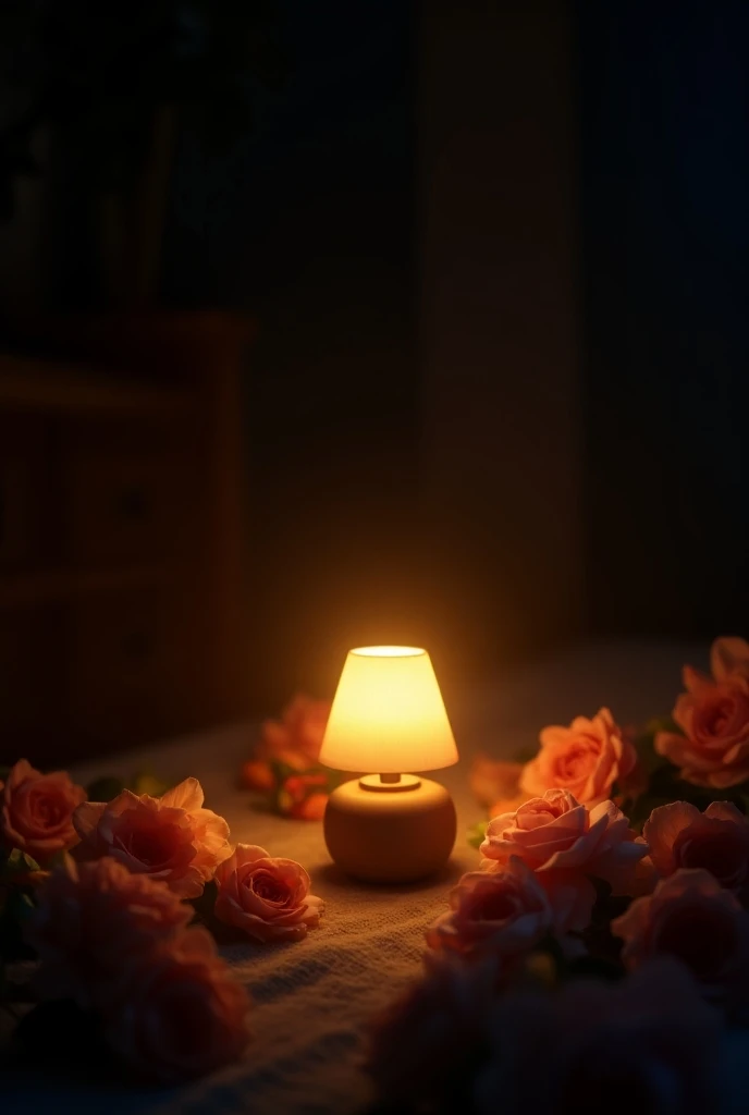 A night room with the natural light of a lamp with a flower