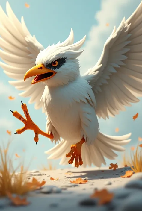 Animated 3D with cool effects and flying wings on it side view sparrow with touch of  gold, more white, silver color very angry and looks strong and powerful and outline for t shirt design 