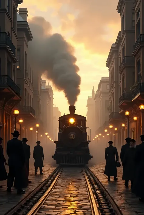  Create a steampunk-style city with Victorian elements with mechanical technology,  in this city there is a station a steam locomotive , Approaching ,  of the station it is in the center of the image ,  a locomotive Chimney with chimneys where a lot of smo...