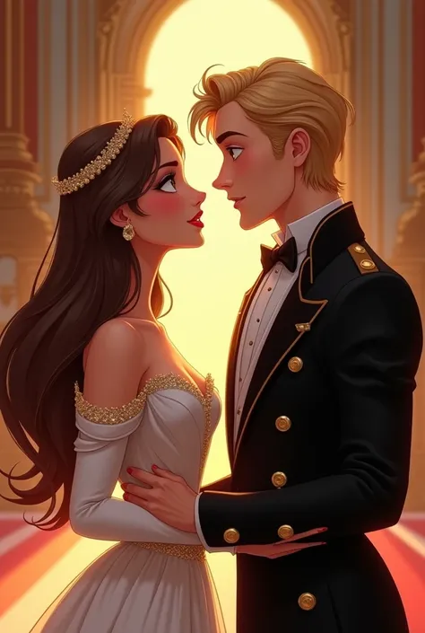  a couple looking into each others eyes ,  the woman has long brown hair and wears a queens dress is beautiful,  the man has golden blond hair and is wearing a black king suit , It is attractive. They are in a Palace el hombre tiene un traje de rey megro, ...