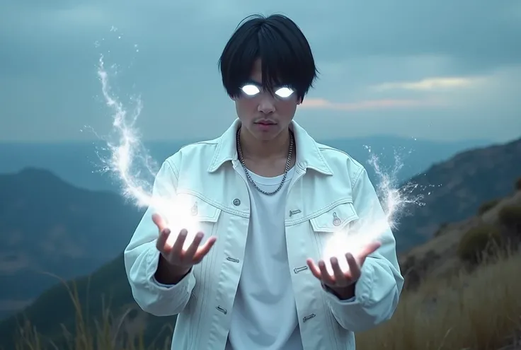 An illuminated latin man with straight short curtains black hair with luminous bright white eyes wearing white denim jacket and white shirt snapping fingers, light white power hands, on top of a hill