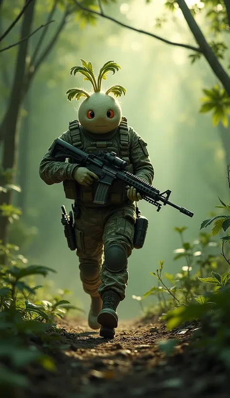 Radish Special Ops: A radish in full military gear, walking from a slight distance with an HK416-e rifle. The sun breaks through the forest canopy, casting moving shadows as it quietly advances.
