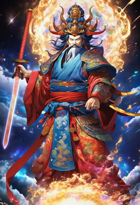  in a psychedelic firestorm 、 and a realistic and beautiful Fudo Myoo will be reborn , sitting on a pedestal, very conspicuous、Angry expression、He has a beautiful sword in his left hand 、 has a textured aura .  beautiful galaxy 、You can also see the stars