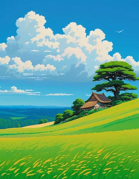 (Minimalism:1.4), There is medieval era, Studio Ghibli Art, Miyazaki, Pasture with blue sky and white clouds