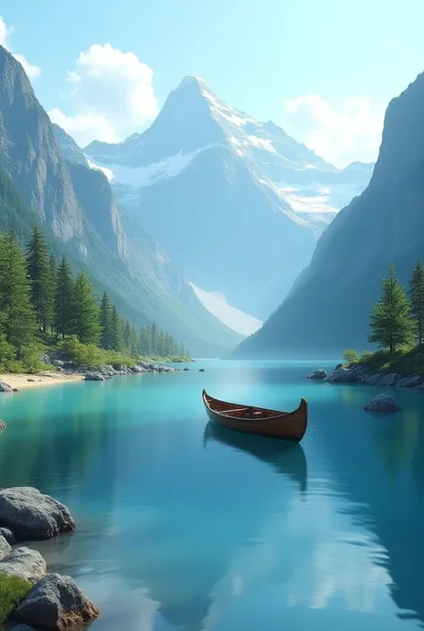  Realistic  alpine trees, mountain and bright 
 blue water lake and rocks and sand and  a  boat 