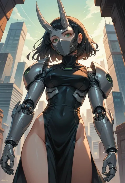 black hair, medium hair, green eyes, swept bangs, medium breasts, pale skin, black bodysuit, black armor, spiky pauldron, arm braces, vambraces, (grey robotic boobplate), grey pelvic curtain, futuristic city, sunlight, ((silver robotic horned helmet, horne...