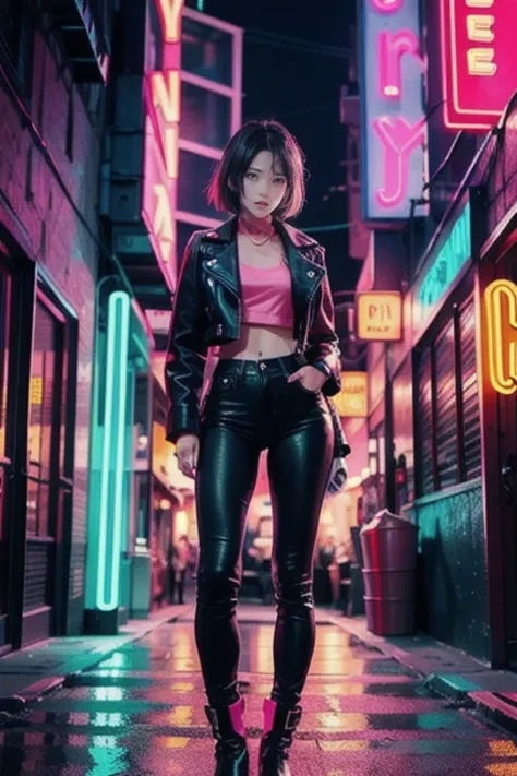 A night scene in a neon-lit city alley with a young woman standing confidently. She has short brown hair, wearing a black leather jacket, crop top, and jeans. Neon signs in blue, pink, and red light up the background, reflecting off her outfit, creating a ...