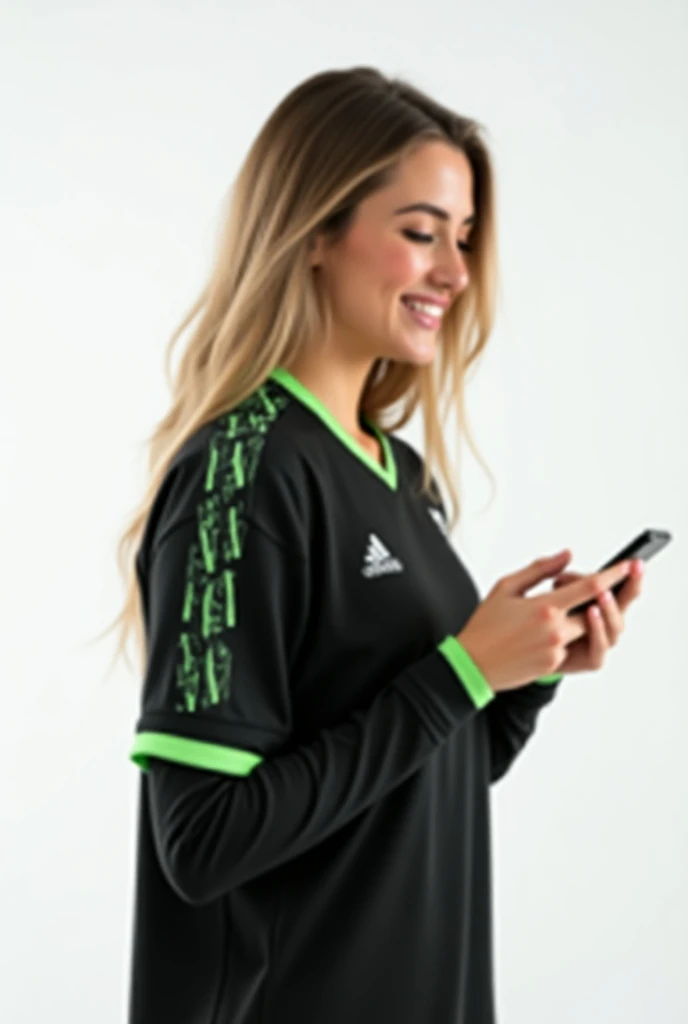 a beautiful woman, smiling,  profile view to the left side left side, left while using your phone .  She wears a black soccer jersey with green lines in a modern and sporty style. white background, clean and minimalist, highlighting the woman and her t-shi...