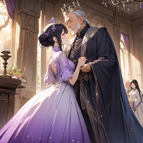  The queen of the kingdom has beautiful black hair and wears a gorgeous and attractive dress from the kingdom with purple gradation color, and she pledges absolute loyalty and love to the old man of the great king and supports and loves each other in publi...