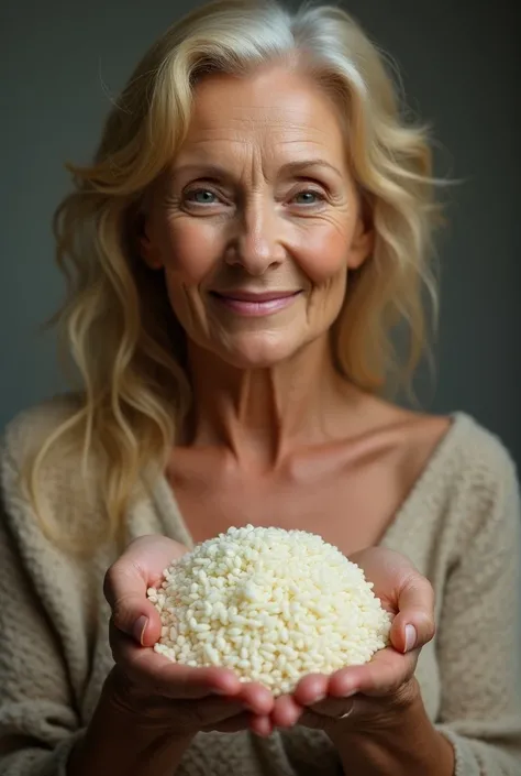 older woman, young skin,  RATE OF RICE IN THE HANDS, COLD RICE , sexy, blonde