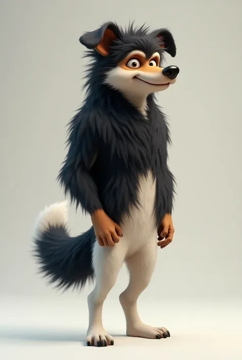 a dog, medium short haired man with black back ,  white legs and tail and brown snout 
